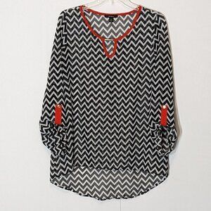 WOMEN'S "Espresso" Navy/White Zig Zag Sheer Chiffon Tunic; Size M